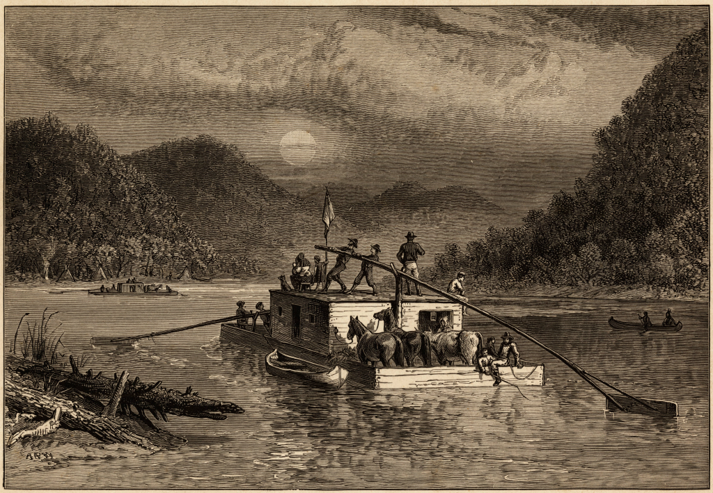Traveling-by-flatboat-engraving-by-Alfred-R-Waud
